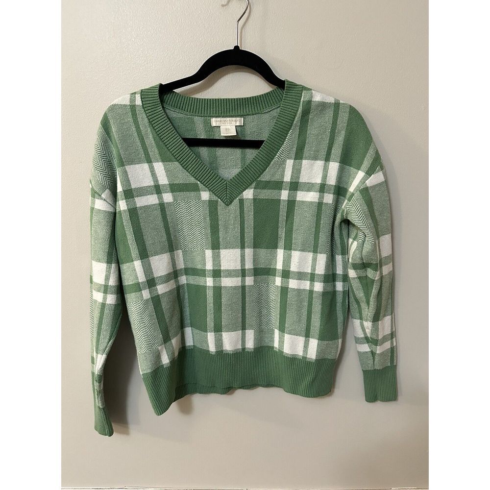 Christian Siriano V-Neck Green & White‎ Pullover Plaid SweaterWomens Small
